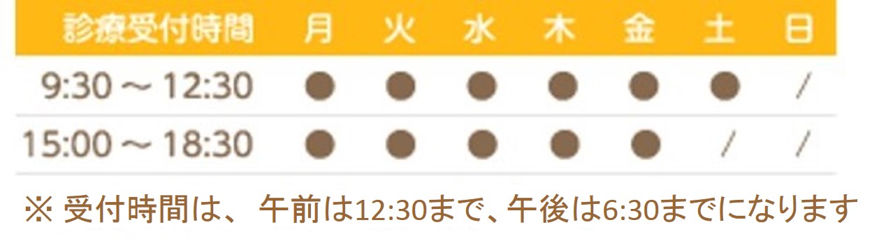 診療受付時間9:30～12:30 15:00～18:30 休診土曜午後・日曜　 ※受付時間は、午前12:30分まで、午後は18:30分まで